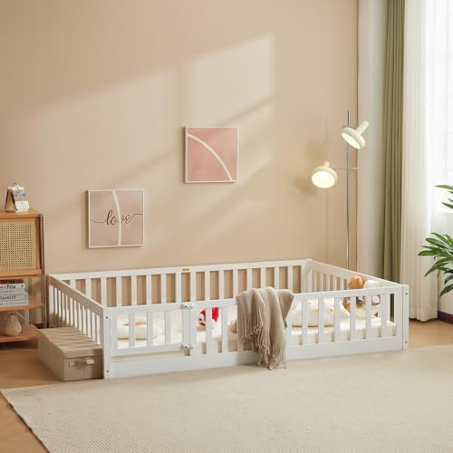 LALAHO Montessori Lit d'enfant Lit au Sol 90x190 cm - Bois Massif (Blanc) | avec Porte et Barrière Sécurisée - 12 Lattes Renforcées, Garde-Corps Intégré - Pour Enfants