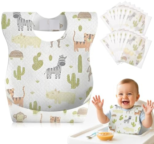Lictin Disposable Bibs Baby - 20 pcs Individually Wrapped, Baby Weaning Bib with Food Catcher Pocket, Soft, Waterproof, Convenient, Adjustable, for BLW,for Indoor and Outdoor Traveling