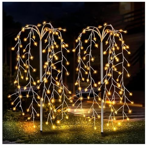 Solar Lights Outdoor, 2 Pack Willow Tree Lights 400 LEDs, 23.6Inch Waterproof Copper Wire Lights for Garden Yard Holiday Christmas Decoration(Warm)