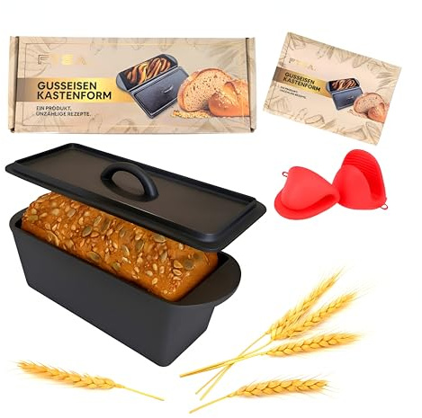 Brotbackform mit Deckel Gusseisen 28 cm – 3 L Kastenform für Sauerteig & Kastenbrot – Gleichmäßige Hitzeverteilung für knusprige Kruste – inkl. Silikongriffe & Backanleitung – Ofenfest (Schwarz)