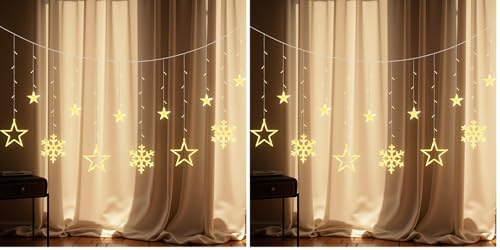 LEDYA LED Lichtervorhang Sterne & Schneeflocken, 1,65 m 138 LEDs Vorhang Lichterkette mit 8 Modi & Timer, Lichter mit Stecker für Weihnachten, Fenster, Schlafzimmer, Hochzeit, Party, Zuhause, Warmweiß