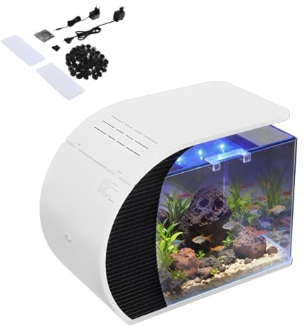 19L Mini Aquarium Komplettset, Nano Aquarium Stabiles Einsteigerbecken mit LED-Beleuchtung und Eingebautem Filtersystem, Einstellbare Beleuchtung, 42,3 × 22,6 × 31,5 cm, Weiß