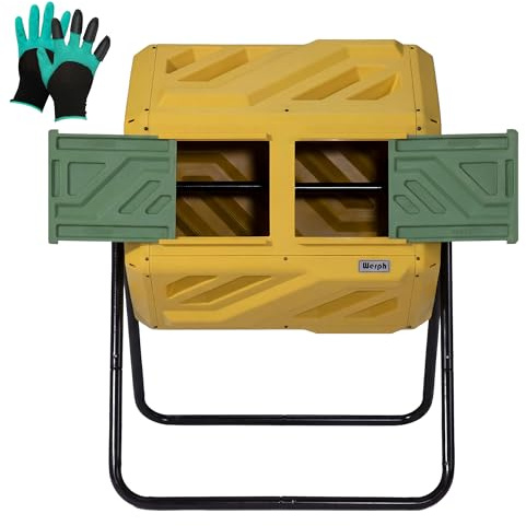 Werph Updated 43 Gallon Dual-Chamber Compost Bin, Fast Assembly Outdoor Compost Tumbler, Rotating Batch Composter Bin with Gloves for Garden, Kitchen, and Yard