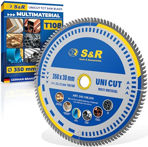S&R Kreissägeblatt 350 x 30 mm FWF-Design, 108 Wolframkarbid HW Zähne, Universal Multicut Sägeblatt für Holz, 4 mm Baustahl, NE-Metalle, Kunststoff, Aluminium, Mehrzweck-Sägeblatt, Reduzierringe