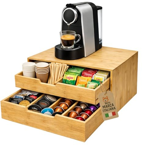 AkitaInk Portacapsule Bamboo con 2 Cassetti - Organizer Salvaspazio per Capsule Caffè, Cialde e Accessori Coffee Station, 34x31x18 cm