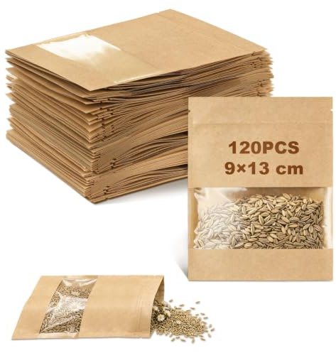 mawmuaw 120 st. fröpåsar 9 x 13 cm papperspåsar med fönster brun liten | Återanvändbara påsar med fönster papperspåsar bröllop, jul, adventskalender, blomfrön som presentpåse