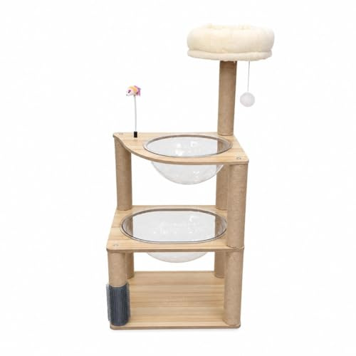 COTTECOTA Árbol Rascador para Gatos, Madera y Sisal, con Plataformas Transparentes, Cama Acolchada y Juguetes, 102x47.5x40 cm