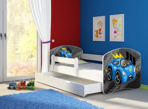 CLAMARO 'Fantasia Weiß' 160 x 80 Kinderbett Set inkl. Matratze, Lattenrost und mit Bettkasten Schublade, mit verstellbarem Rausfallschutz und Kantenschutzleisten, Design: 04 Rennwagen Blau