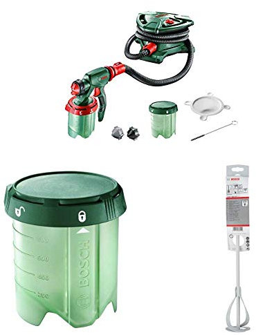 Bosch elektrisches Farbsprühsystem PFS 5000 E (für Lack/ Lasur/ Wandfarbe, im Karton) + Constant Feed Farbbehälter für Bosch PSF 3000-2, PFS 5000 E (1000 ml) + Rührkorb