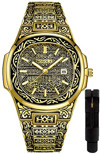 HUNRUY Retro Men’s Quartz Watches Tattoo Pattern Carved Stainless Steel Link Bracelet Waterproof Wrist Watch (Gold)