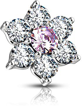 Paula & Fritz® Aufsatz-Dermal Anchor Blume Zirkonia Silber-klar-rosa 316L Chirurgenstahl 1,6-mm Gewinde Haut-Anker Skin Diver Implantat