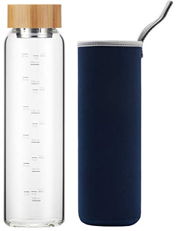 sunkey Glass Water Bottle 32 oz Wide Mouth with Sleeve Bamboo Lid Motivational Water Bottle With Time Marker Reusable Safe for Hot Cold Drinks Bpa Free (Navy Blue)
