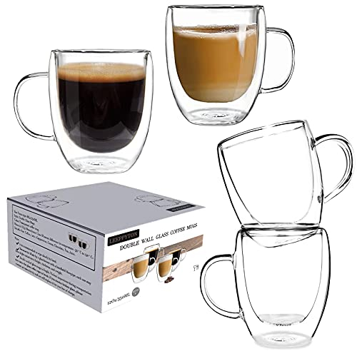 Lot de 4 Tasses à café en verre à double paroi avec manches, tasses isothermes légères, résistant à la chaleur pour cappuccino, latte, thé, (4 pièces, 350 ml)
