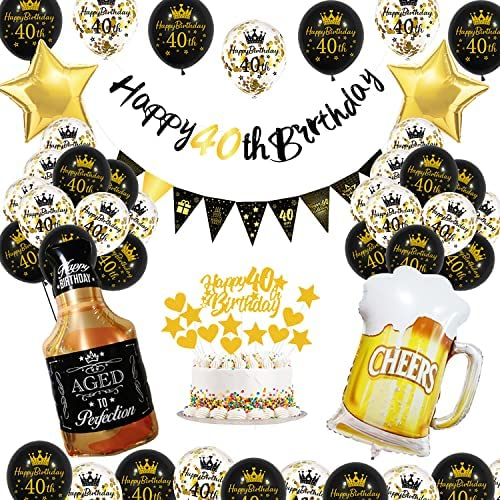 40 Geburtstag Frauen Männer Deko, Schwarzes Gold 40. Geburtstag Dekoration, 40 Jahr Geburtstagdeko, 40 Ballon Deko mit Happy Birthday Banner, 40 Geburtstags Mann, Deko 40 Geburtstags Frau MEHRWEG