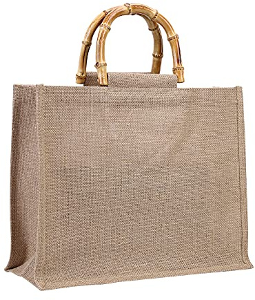 Demiawaking Borsa in Iuta con con Manico in Bambù Borsa da Spiaggia in Juta Donna Borsa per la Spesa Riutilizzabile Vintage Borsa Shopper Juta per Confezione Regalo, Natale, Compleanno (39x31x15cm)