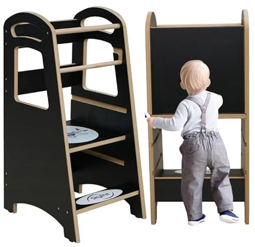 Skyline Steh und Lernturm Baby ab 1 Jahr Montessori Learning Tower Höhenverstellbar Tritthocker Kinder Indoor Möbel Kinderzimmer Trittschemel Kitchen Helper Hochstuhl Faltbarer (Schwrz-Plane)