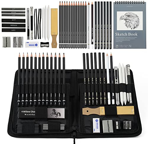 Brusarth 42-teiliges Zeichenset, Skizzierset, Pro Art Skizzenzubehör mit Skizzenbuch, inklusive Graphitstift, Kohlestift, Spitzer, Radiergummi, Kunstbedarf für Künstler, Erwachsene, Teenager, Anfänger | Kunst-Skizzenzubehör mit Skizzenbuch, inklusive Graphitstift, Kohlestift, Spitzer, Radiergummi, Kunstbedarf für Künstler