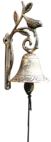 INKCOR Cast Iron Doorbell with Bird Design, Antique Country Service Bell for Front Door/Grocery, Golden Wind Chimes, Weatherproof