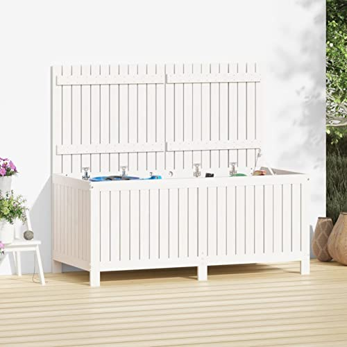 CIADAZ Gartentruhe, Auflagenbox, Aufbewahrungsbox Garten, Gartenbox, Gartenkiste, Kissenbox, Balkon Box, Outdoor Kiste, Weiß 147x68x64 cm Massivholz Kiefer