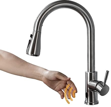 Touchless Kitchen Faucet with Pull Down Sprayer Brushed Nickel Kitchen Faucets Infrared Sensor Kitchen Faucet Touchless Kitchen Sink Faucets Stainless Steel Single Handle Motion Sensor Kitchen Faucets