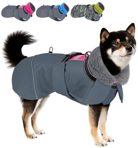 SlowTon Hundemantel Winter, wasserdichte verstellbare Fleecefutter Hundejacke mit Turtleneck und Kordelzug, reflektierender Wintermantel für kleine mittlere und große Hunde im Freien