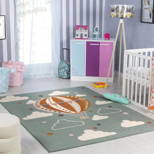 Livabliss Mongolfiera Tappeto Bambini Tappeto Bambino Cameretta, Asilo o Sala Giochi, Tappeti per l'area della stanza dei Bambini, Accessori per Camera da Letto dei Bebè, Verde Petrolio 120x170 cm