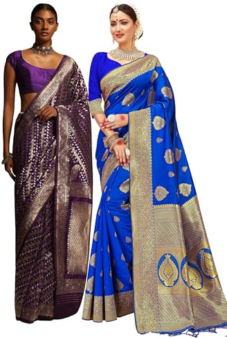 Elina fashion Sari da donna tradizionale Banarasi Art in seta intrecciata con camicetta non cucita | Per Diwali confezione regalo da 2, Viola Indaco Blu, Taglia Unica