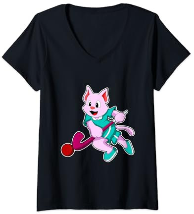 Damen Katze Feldhockey Feldhockeyschläger Sport T-Shirt mit V-Ausschnitt