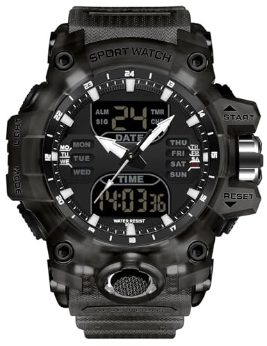 RORIOS Orologio Militare da Uomo Moda Sportivo Multifunzione Elettronico Digitale Quarzo Doppio Display 5ATM Nero A