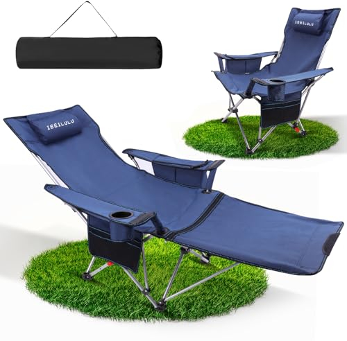 IEEILULU Campingstuhl Faltbar mit Fußstütze, Liegestuhl Klappbar, 2 in 1 Multifunktionaler Campingstuhl mit Getränkehalter Kühltasche, Strandstuhl Klappbar für Erwachsene 100kg Camping (Blue)