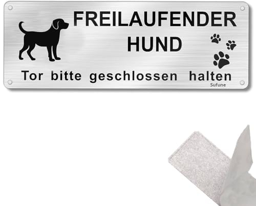 Vorsicht Freilaufender Hund, 1 Stück Achtung Hund Schild, Schild Warnung vor Dem Hund, Warnschild Hund Aluminium mit Selbstklebend und Vorgebohrten Löchern, 25x 9cm, Innen/Außen