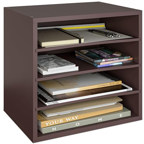 Ballucci 4-Tier Paper Organizer, Desk File Organizer, Stackable Letter Tray, Wood Mail Sorter with Adjustable Storage Shelves, Office Desk Organizer, Dark Brown, Espresso