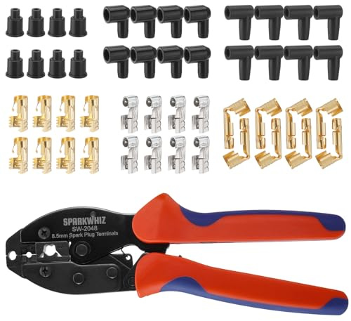 Ratchet Spark Plug Wire Crimping Tool Kit, 24PCS 180 Degree/90 Degree/Straight Spark Plug Coil Terminals & 24PCS Boots, Ratcheting Wire Crimper Diameter 8.5-8m