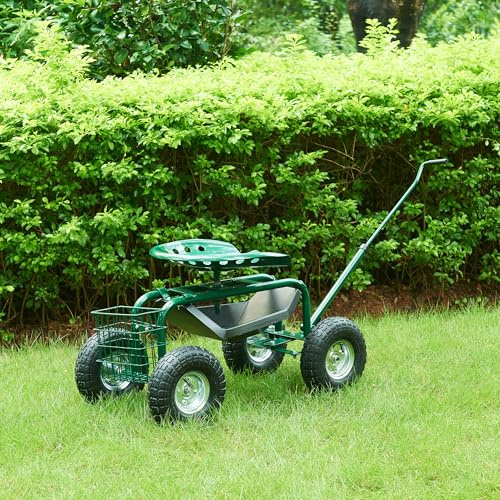 pro.tec Asiento de Jardinería Casarano con Ruedas Taburete Móvil Carrito para Trabajo en Jardín Taller con Bandeja y Cesta de Malla Altura del Asiento y Asa Ajustable Acero 81 x 45 cm - Verde Negro