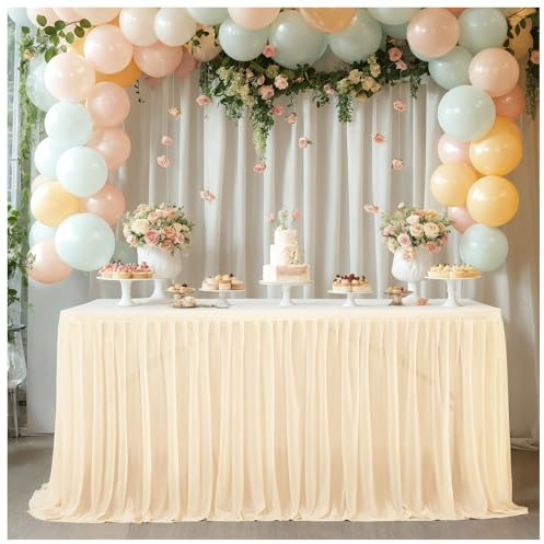 SMTCM Tüll Tischrock 4/6/9/14Ft Läng Plissee Tutu Tischdecke Romantisch Tisch Rüschen Polyester Rund/Rechteckig Tischschleier Tischvorhänge für Babyparty Hochzeit Geburtstag Party Kuchen Tischdeko