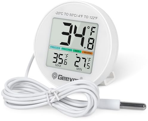 Geevon Termómetro de refrigerador impermeable IP65, con sensor externo, monitor de temperatura para el hogar comercial, con pantalla LCD, soporte y parte trasera magnética, para refrigerador
