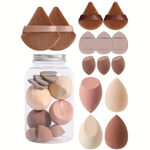 Juego de 14 esponjas de maquillaje y borlas de polvo, lavables y reutilizables, con estuche, esponja cosmética para base líquida, polvo, protección solar