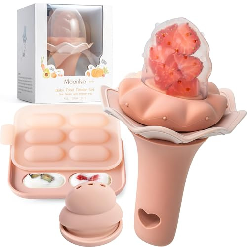 Moonkie chupete de frutas para bebés con bandeja de congelación, 1 piezas, a partir de 4 meses, bolsa de dos tamaños, mango con sonajero, silicona sin BPA