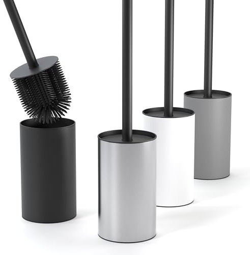 SAVEGA Scopino WC Silicone – Con Porta Scopino per WC in Acciaio Inox e Protezione Antischizzo – Scopettino Bagno Durevole e Igienico (Argento Opaco)