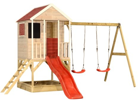 Wendi Toys M29R Cabane sur pilotis avec Toboggan et Double balançoire, Bois FSC, Plateforme 90 cm, 290×405×242 cm, Maison avec Toboggan 175 cm et bac à Sable, résistante aux intempéries, Rouge