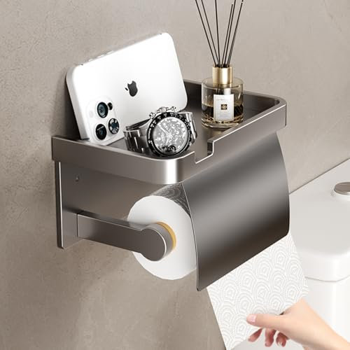 acfeco Toilettenpapierhalter mit Ablage, Klopapierhalter Ohne Bohren, Klorollenhalter Aluminiumlegierung, Wc Papier Halterung Rollenhalter Grau für Badzimmer