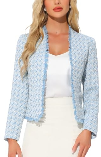 Allegra K Damen Karierter Tweed Blazer Langärmelig Vorne Offen Für Die Arbeit Büro Jacken Blau XL