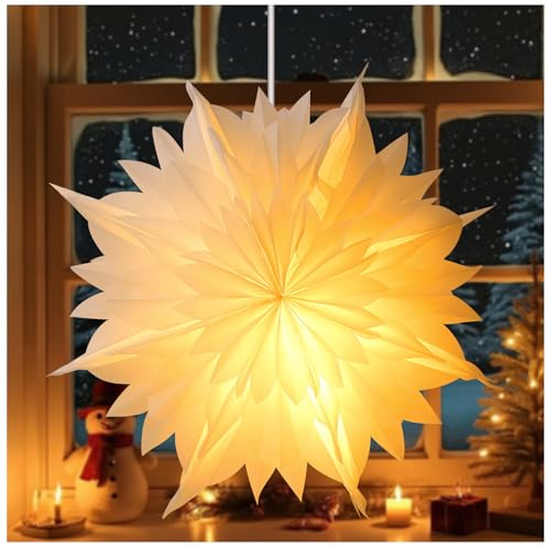 Lamptobe 3D Paper Star Lantern con Luces LED - 50 CM Luz de Ventana de Navidad con EU Enchufe Adorno de Estrella Colgante Grande Decoración Interior para Vacaciones, Fiestas, Bodas, Cumpleaños
