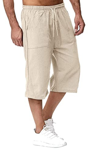 Generisch Bermuda Shorts Herren 3/4 Leinenhose Sommer Kurze Hosen Casual Leinen-Shorts 7/8 Caprihose Leichte Dreiviertel Hose Sommerhose Jogginghose Sweatshorts Arbeitshose Cargo Mit Taschen