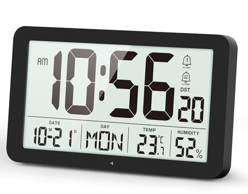 YsyYey Large Digital Alarm Clock with Temperature and Humidity Monitor, Wall Clock USB/Battery Powered Smart Wall Mountable & Bedside Clock with Auto Dimming, Auto DST, Clocks for Living Room Bedroom