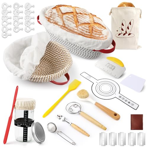 Gärkorb Brot Set,Brotbackset 14-Teiliges,2 Gärkorb rund und Komplettset Backzubehör, Sauerteig Startet Set