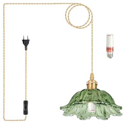 Hängelampe mit Stecker Vintage Glas Grün Pendelleuchte 3 Farbtemperatur Hängeleuchte mit 400cm Kabel und Schalter, E27 Lampenfassung, Blumen Form Lampenschirm, für Flur Küche Esstisch mit Glühbirnen