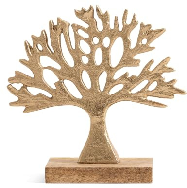 Gold Tree of Life Ornament | Metal Family Tree Sculpture on Mango Wood Base | Elegant Home Decoration - 16cm