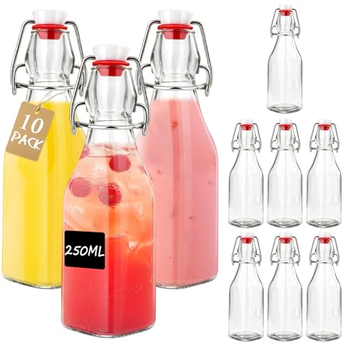Otauoaea 10 Stück Glasflaschen Zum Befüllen, Glasflaschen 250ML Mit Bügelverschluss, Kleine Flaschen Zum Befüllen inkl Etiketten mit Stift, Flaschen Likörflaschen Für Öl, Essig, Saft & Limonade