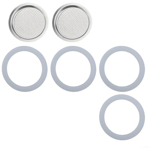 Set di filtri per moka e guarnizioni in silicone per macchina da caffè espresso, include 2 filtri in acciaio inox e 4 guarnizioni (9 tazze)